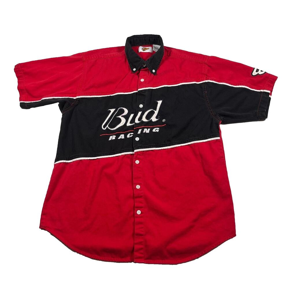 Winners Circle Bud Racing Button Up Pit Crew Shirt Red Black Size M